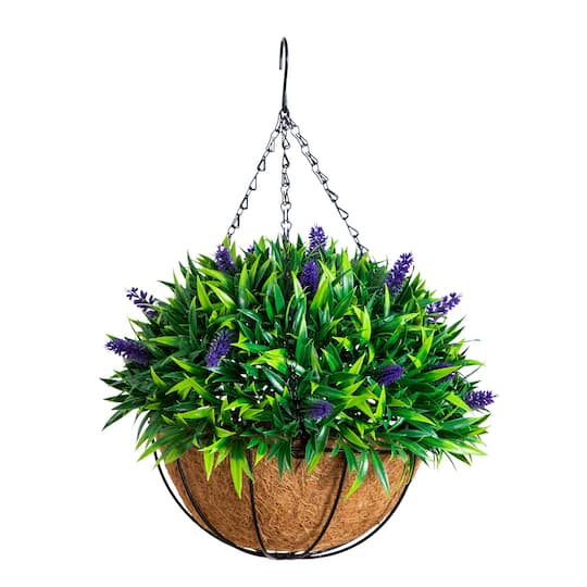 18in. UV Resistant Artificial Lavender Hanging Basket (Indoor/Outdoor) By Nearly Natural in Green/Purple | 12" x 12" x 18" | Michaels®